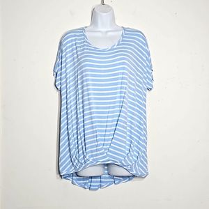 signature studio soft baby blue and white striped hi-lo pull over top XL